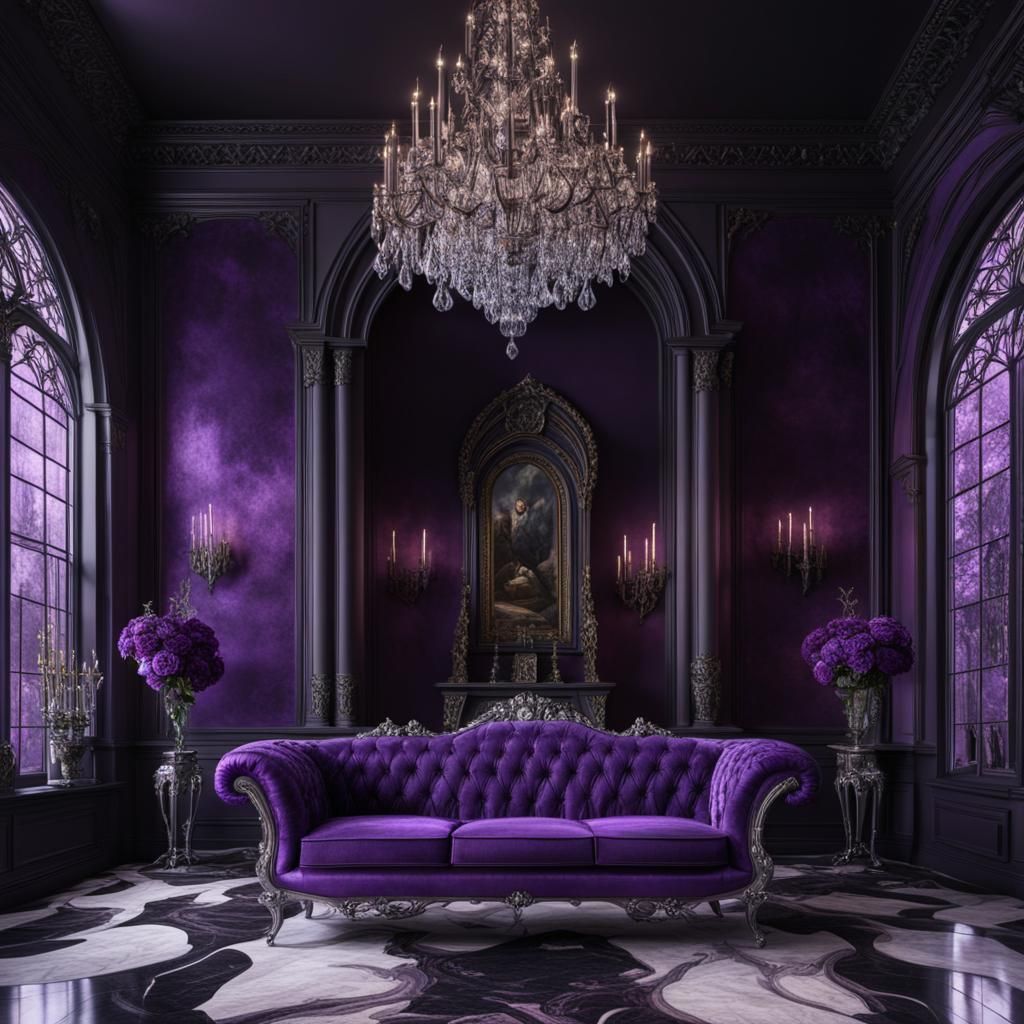 Luxurious Gothic living room with purple walls and black acc...