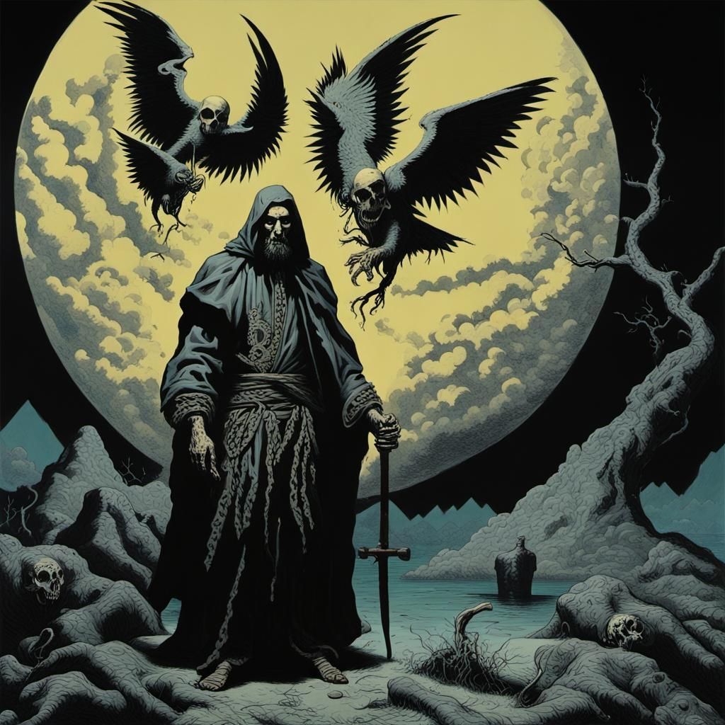 Marvel Comics/horror,fluxus;
Occult! Satanic (horrendous)   leader. 
ominous/Eduardo Risso/Salvator Rosa Art style;...