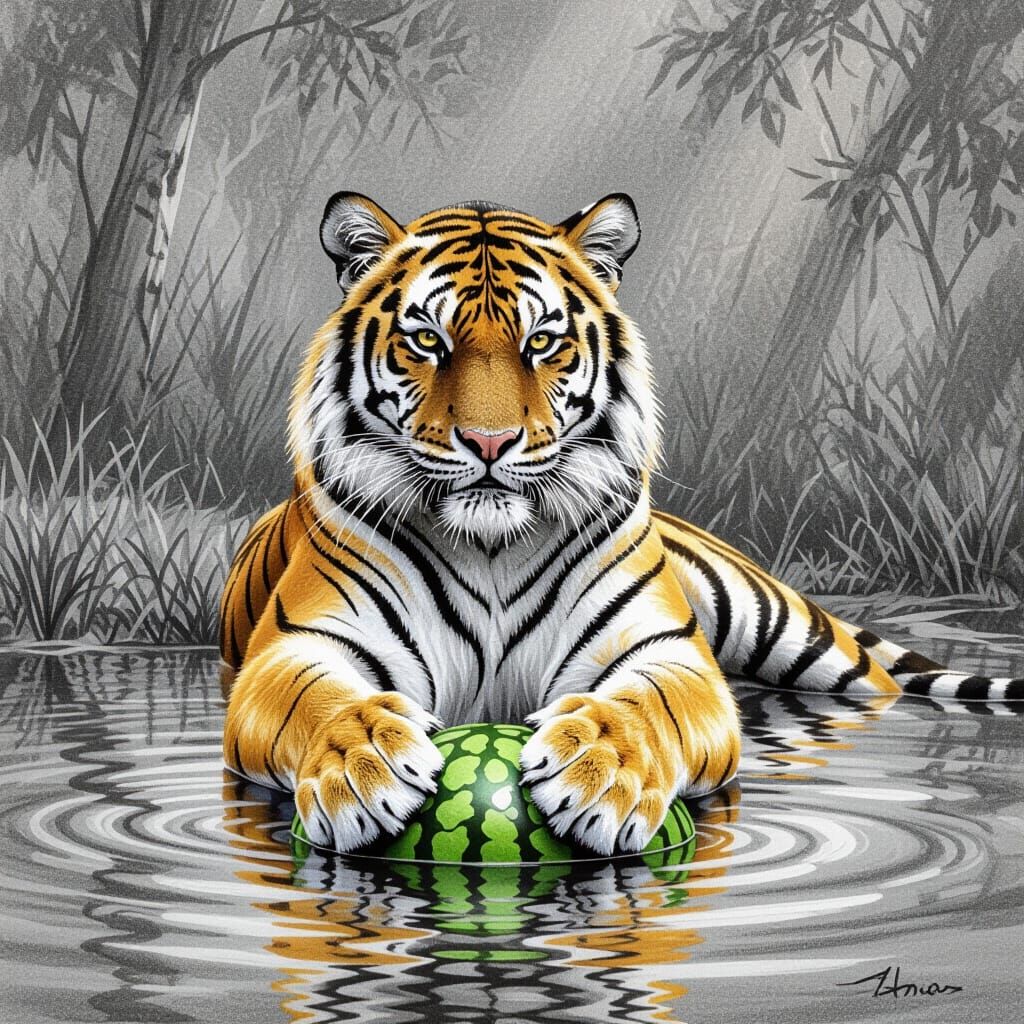 Majestic Bengal Tiger Plays with Watermelon in River