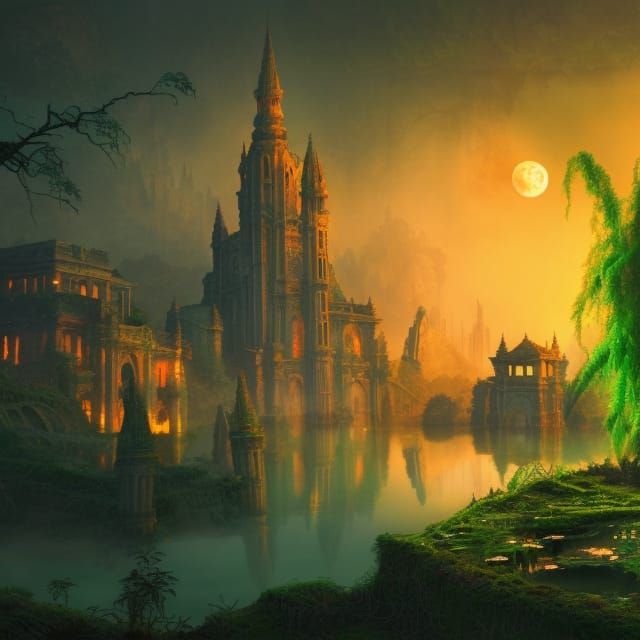 Glowing Plants Reclaim Ruined City at Sunset