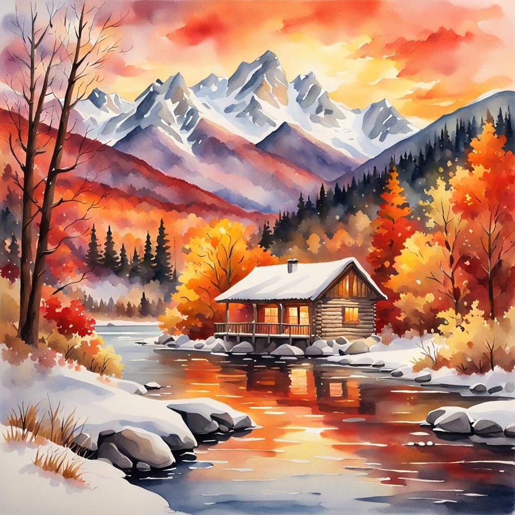 Watercolor Cabin in Autumn Landscape at Sunset