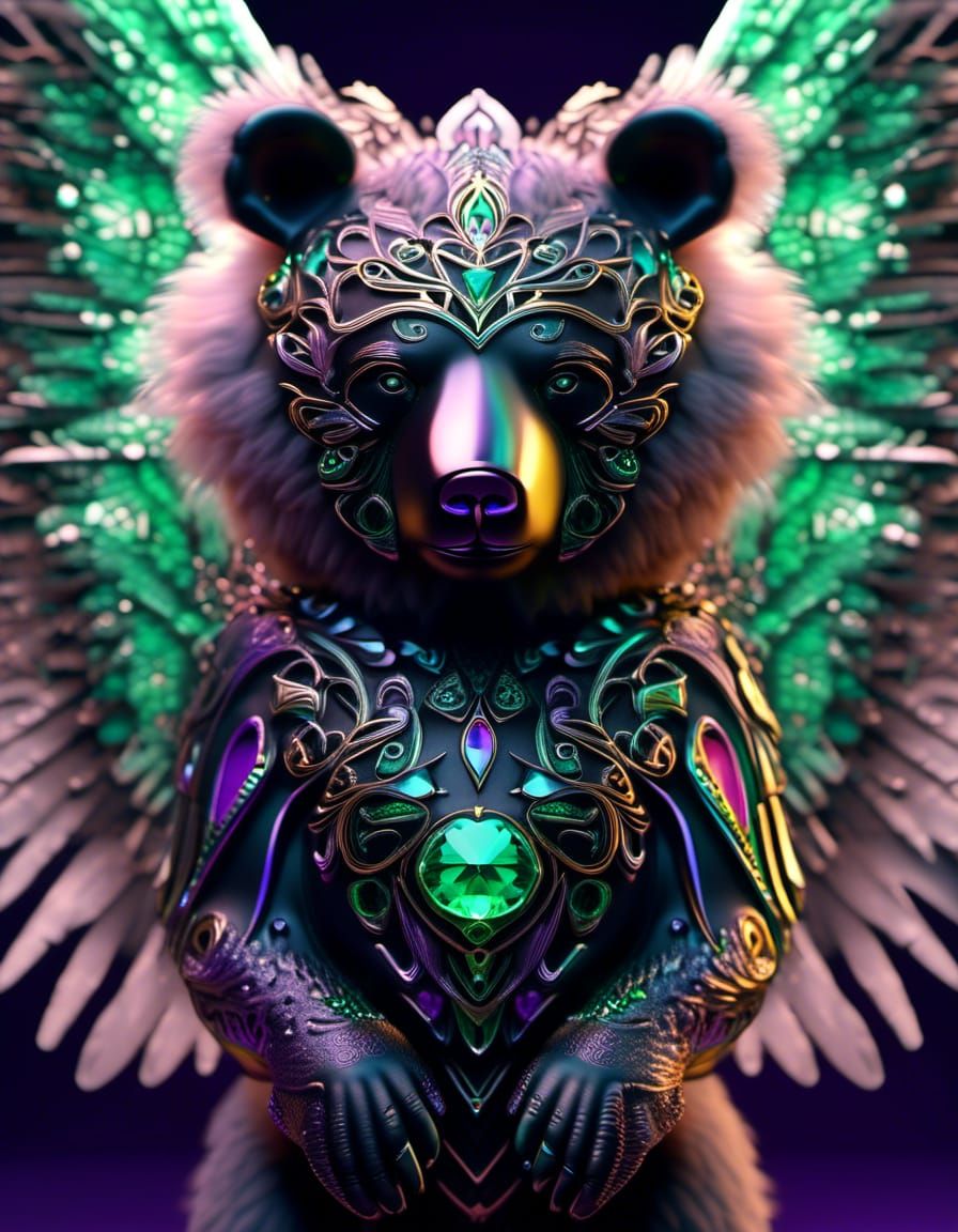 Crystal Bear Angel with Emerald and Amethyst Flames