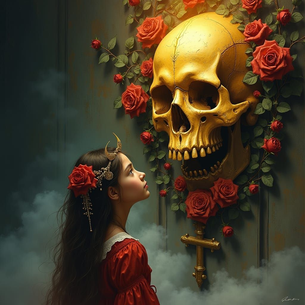Peasant Girl and Golden Skull in Dark Fantasy