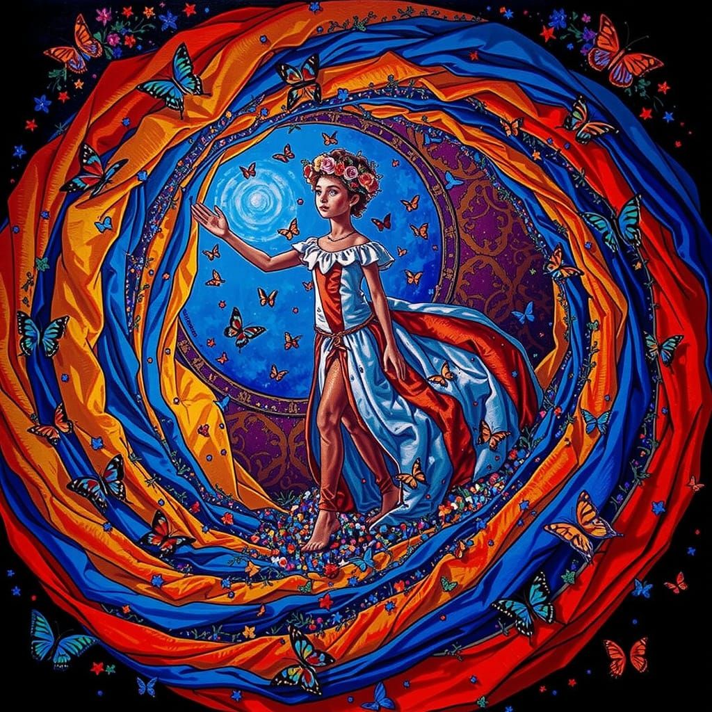 Radiant Woman in Citrus Gown with Butterflies