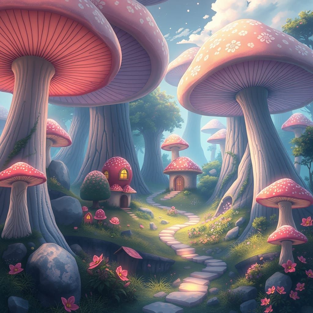 A whimsical anime landscape featuring a hidden fairy village nestled among towering, bioluminescent mushrooms, painted i...