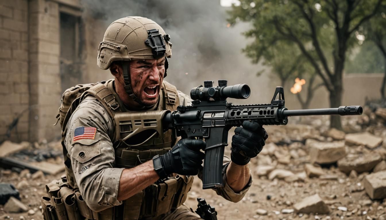 Wounded Soldier Firing Machine Gun in Pain
