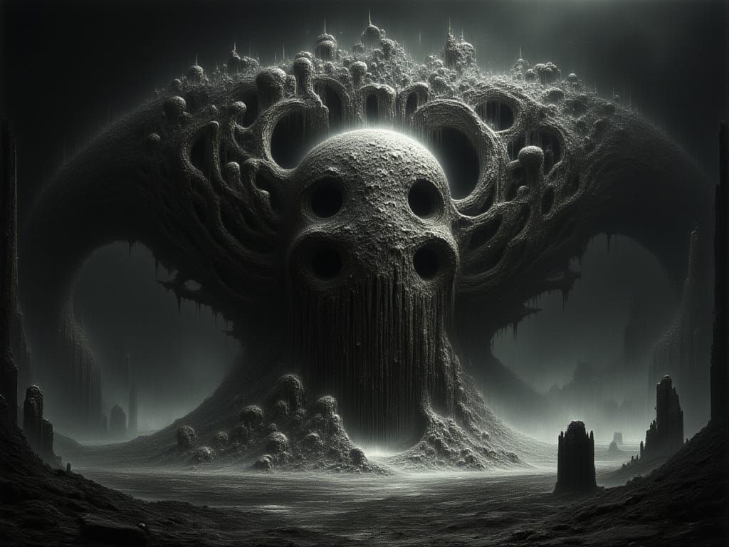 Petrified Cosmic Deity Over Ancient Ruins in Monochromatic S...
