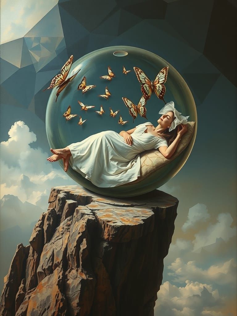 Surreal Dreamscape: Woman Asleep in Glass Sphere