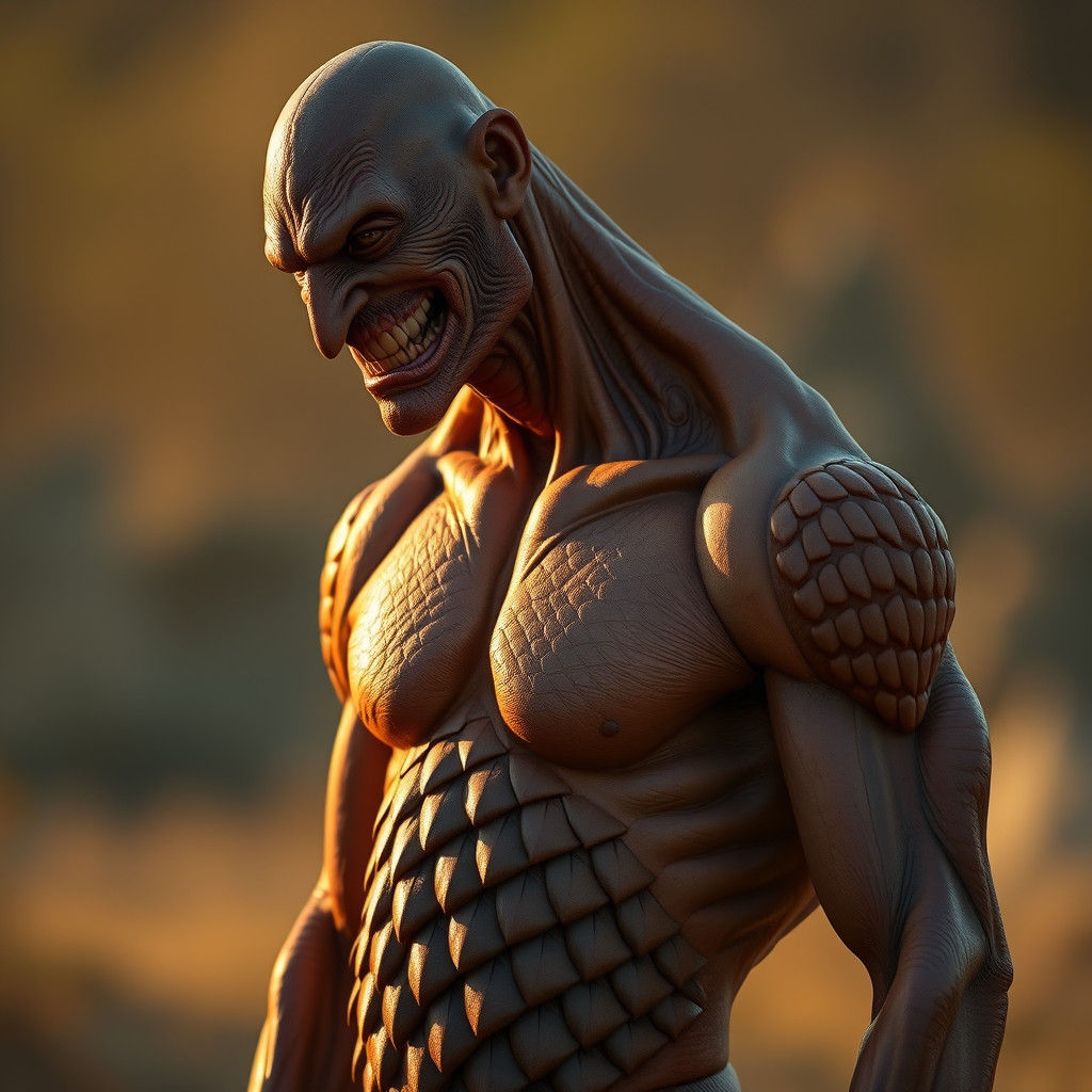 Menacing Human-Pangolin Hybrid in Golden Light