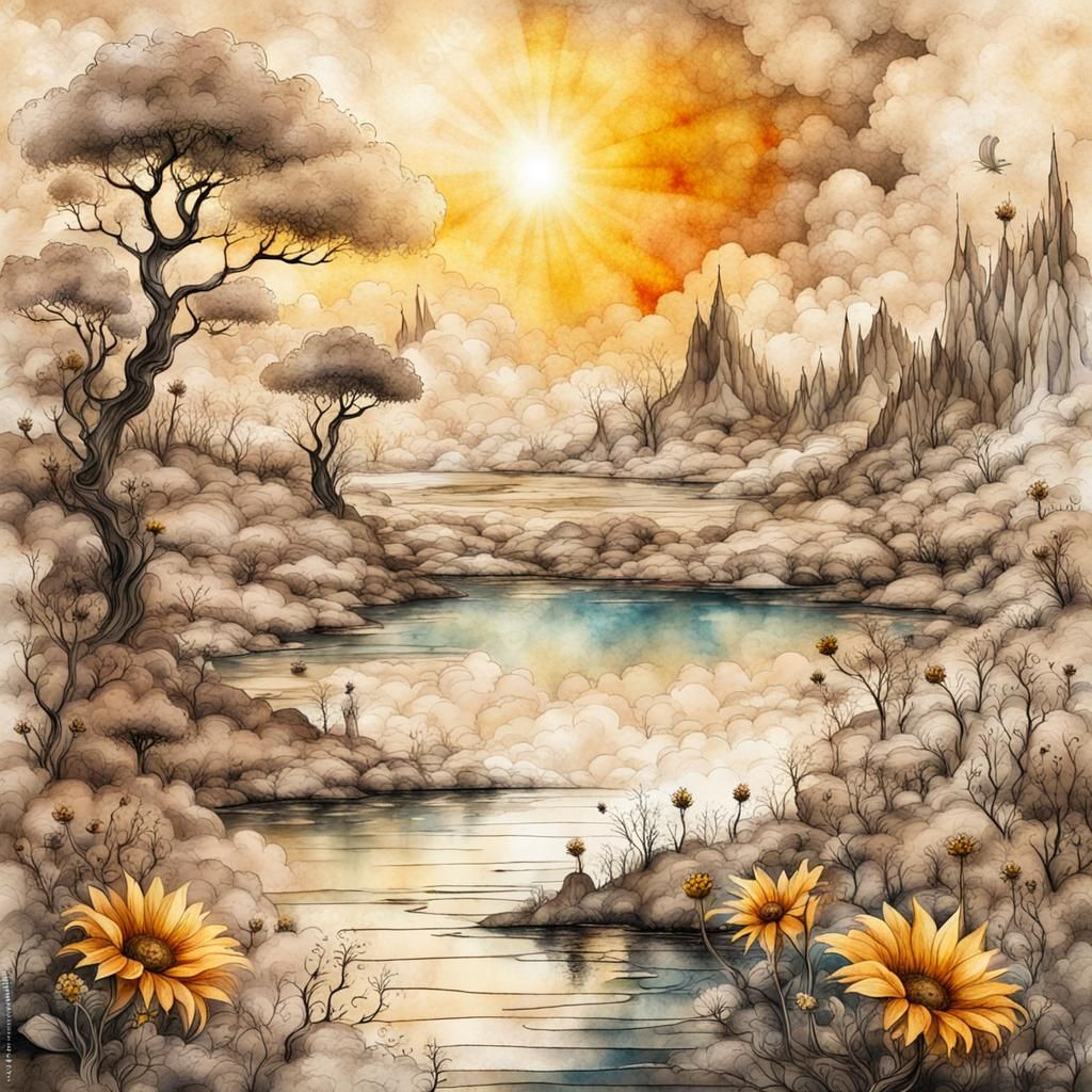 Fantasy Landscape in Surreal Ink Art Style