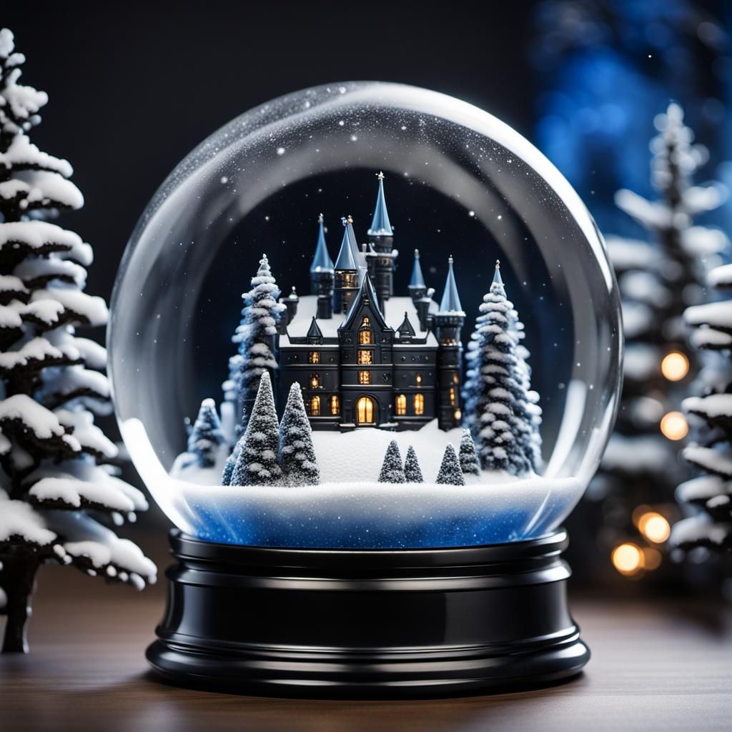 Dark Castle in Crystal Snow Globe: Winter Landscape