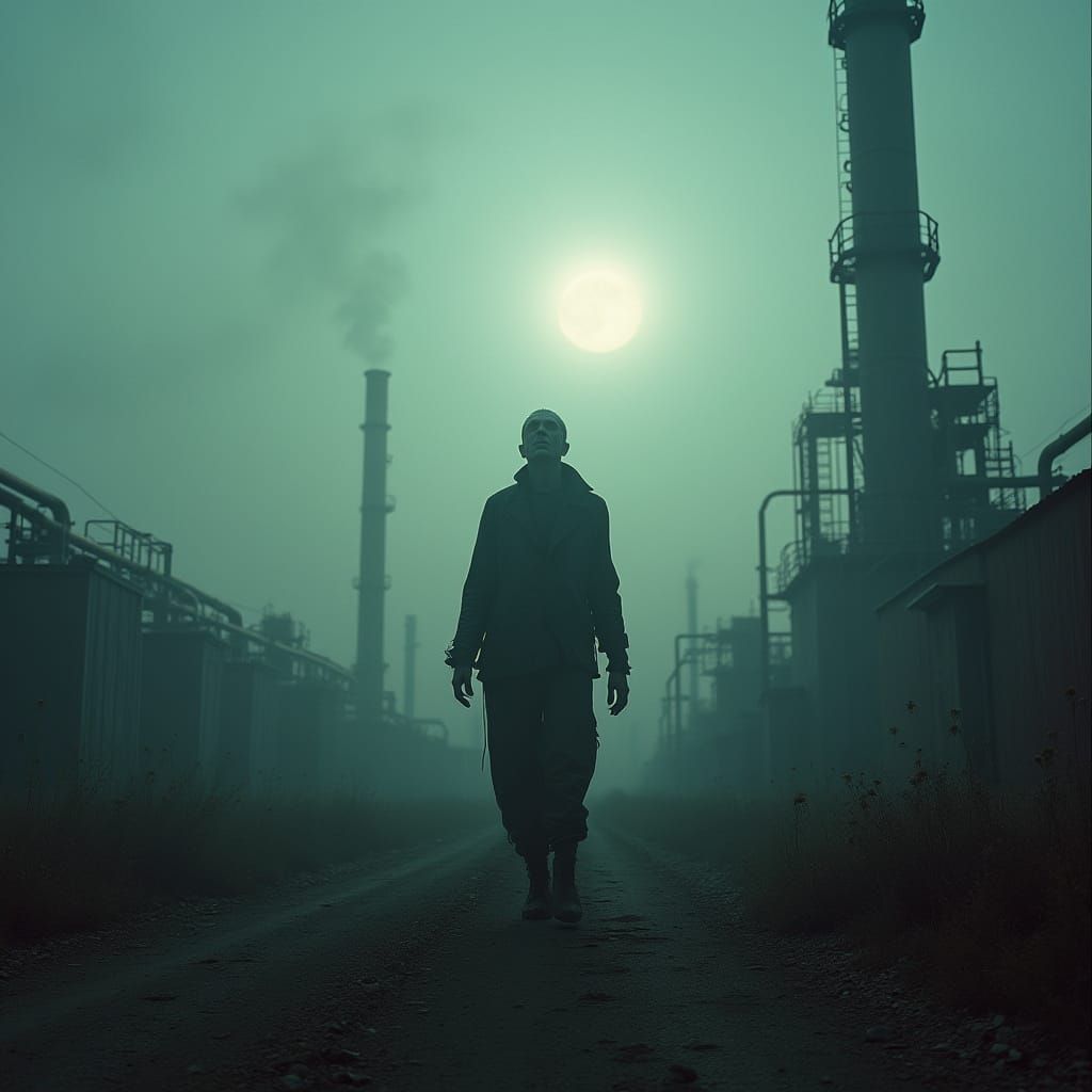 A spectral figure floats through a desolate, mist-shrouded oil refinery, their ethereal form barely visible amidst the s...