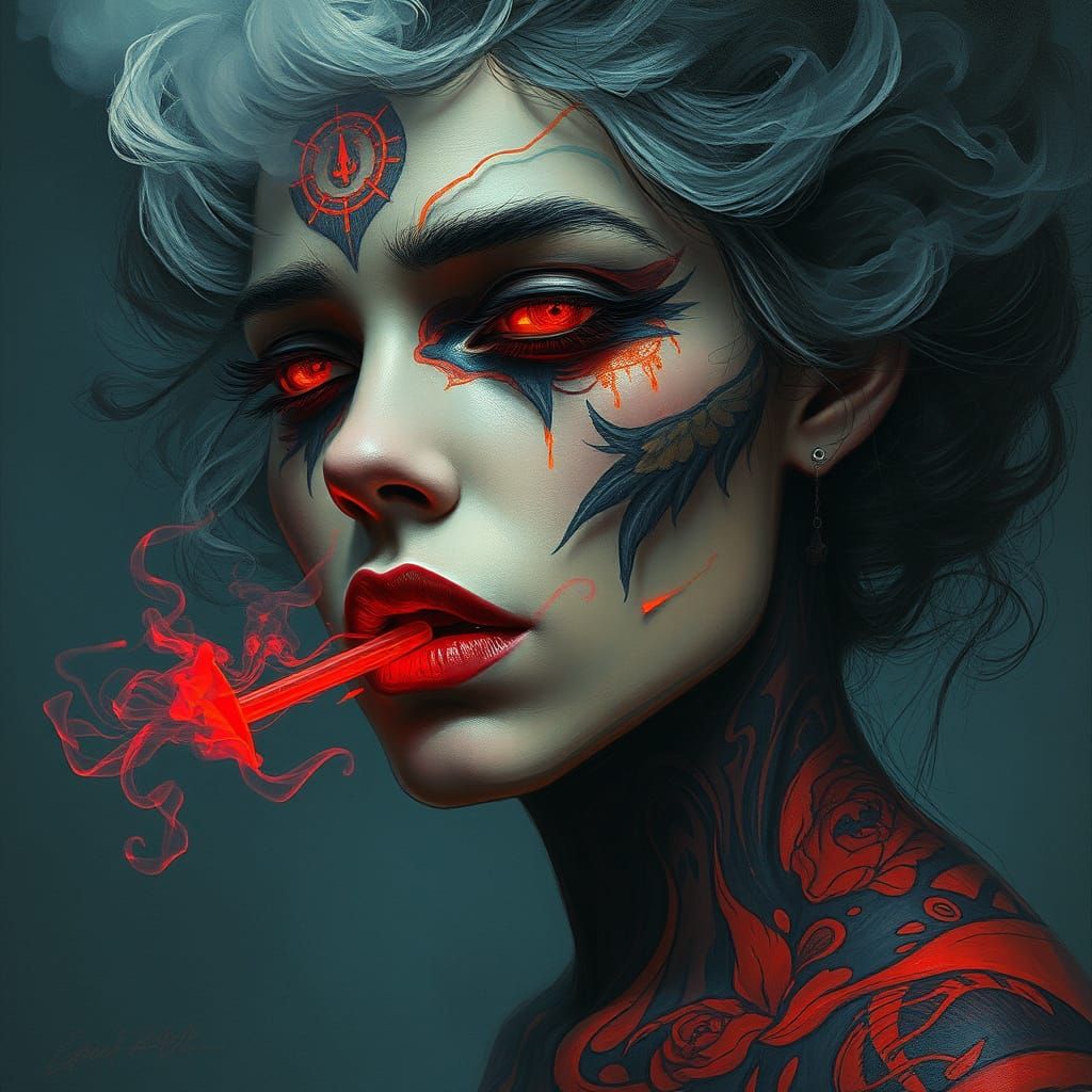 Ethereal Horror Goddess in Neon Smoke