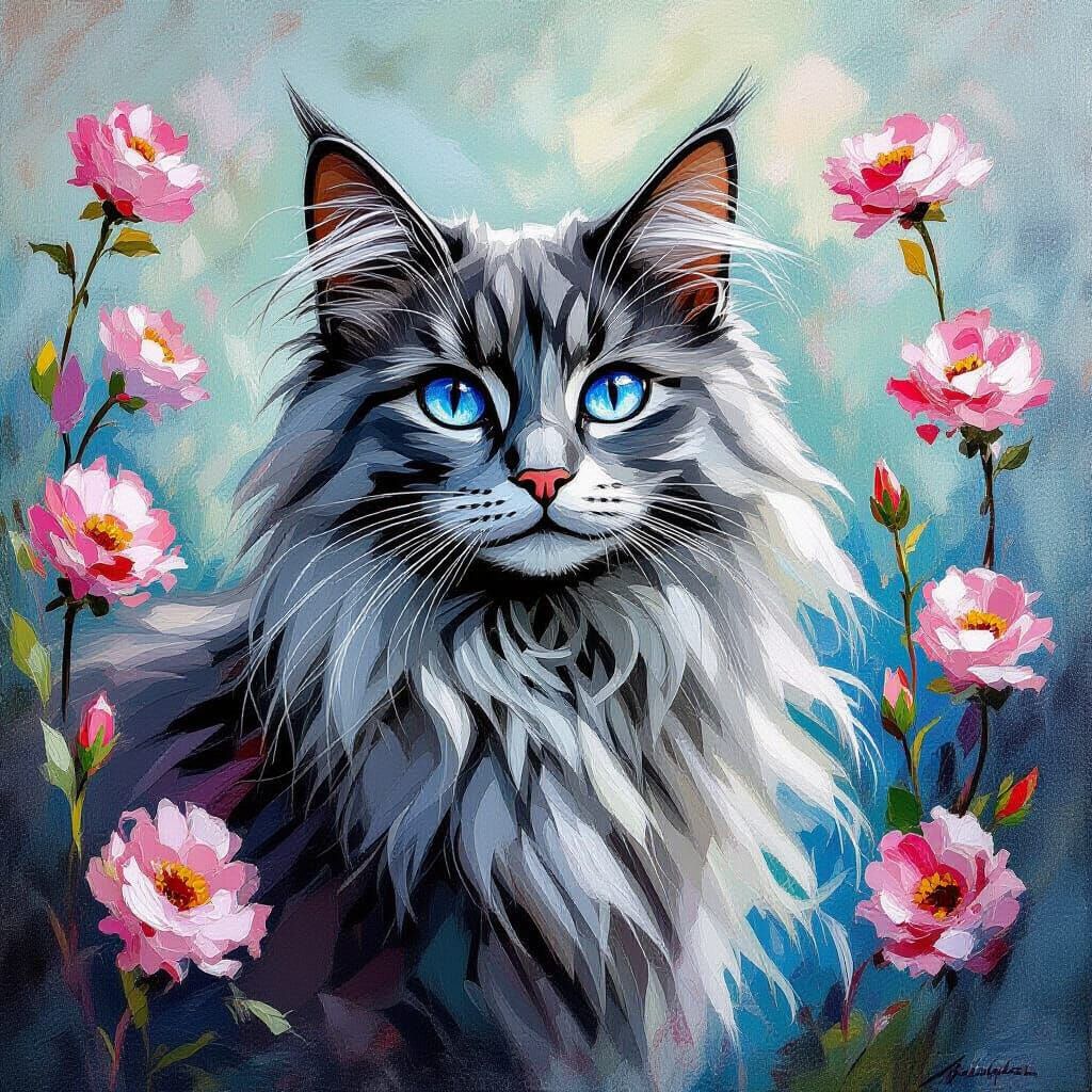 Blue-Eyed Cat in Floral Impressionist Painting
