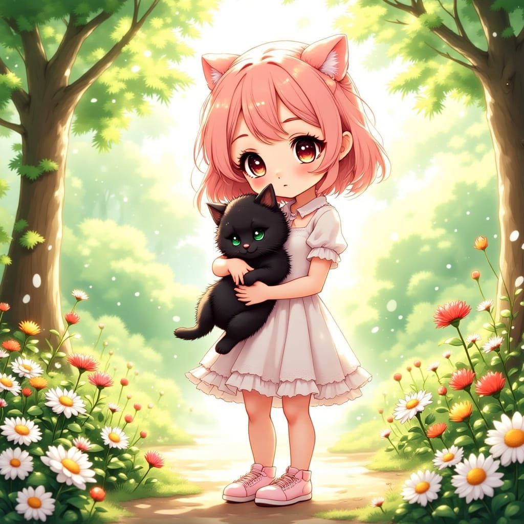 Cute Anime Girl with Cat in Sun-Drenched Garden