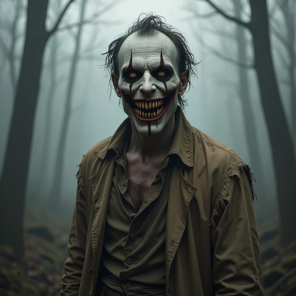 Creepy Man with Circle Mouth in Dark Woods