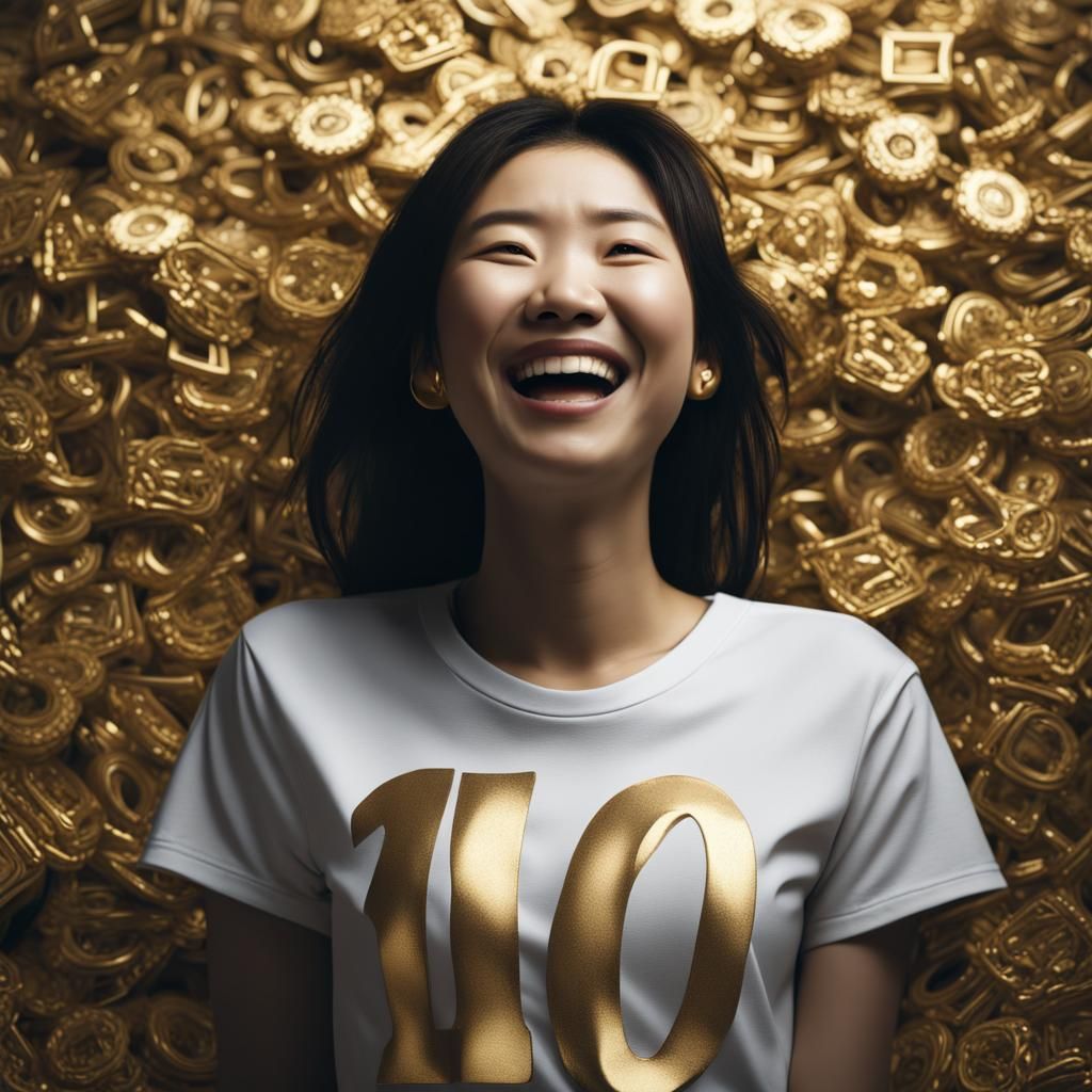 Laughing Japanese Woman Wearing Gold Number T-Shirt