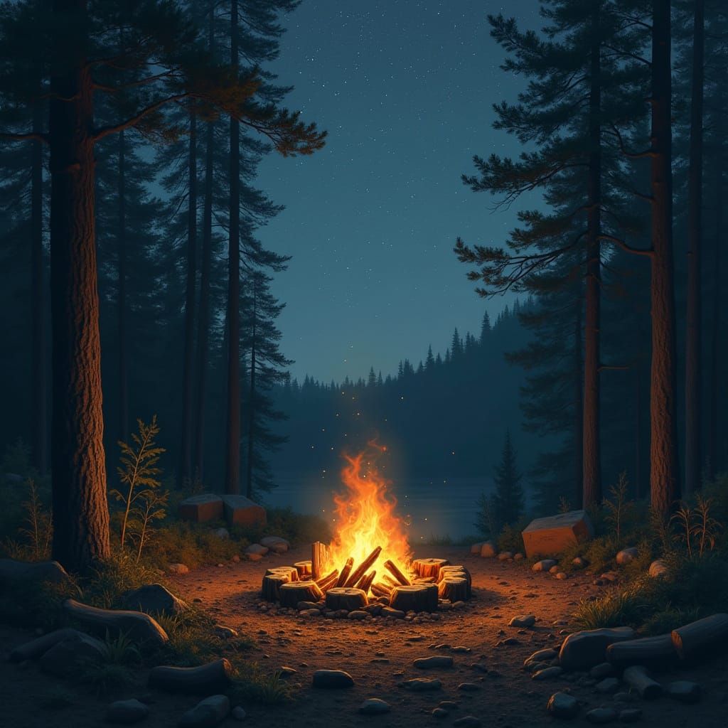 Cosy Forest Campfire Scene in a Whimsical Digital Style