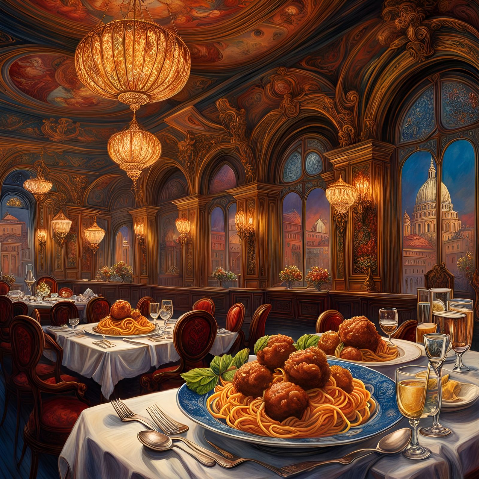 Spaghetti and Meatballs in Art Nouveau Style