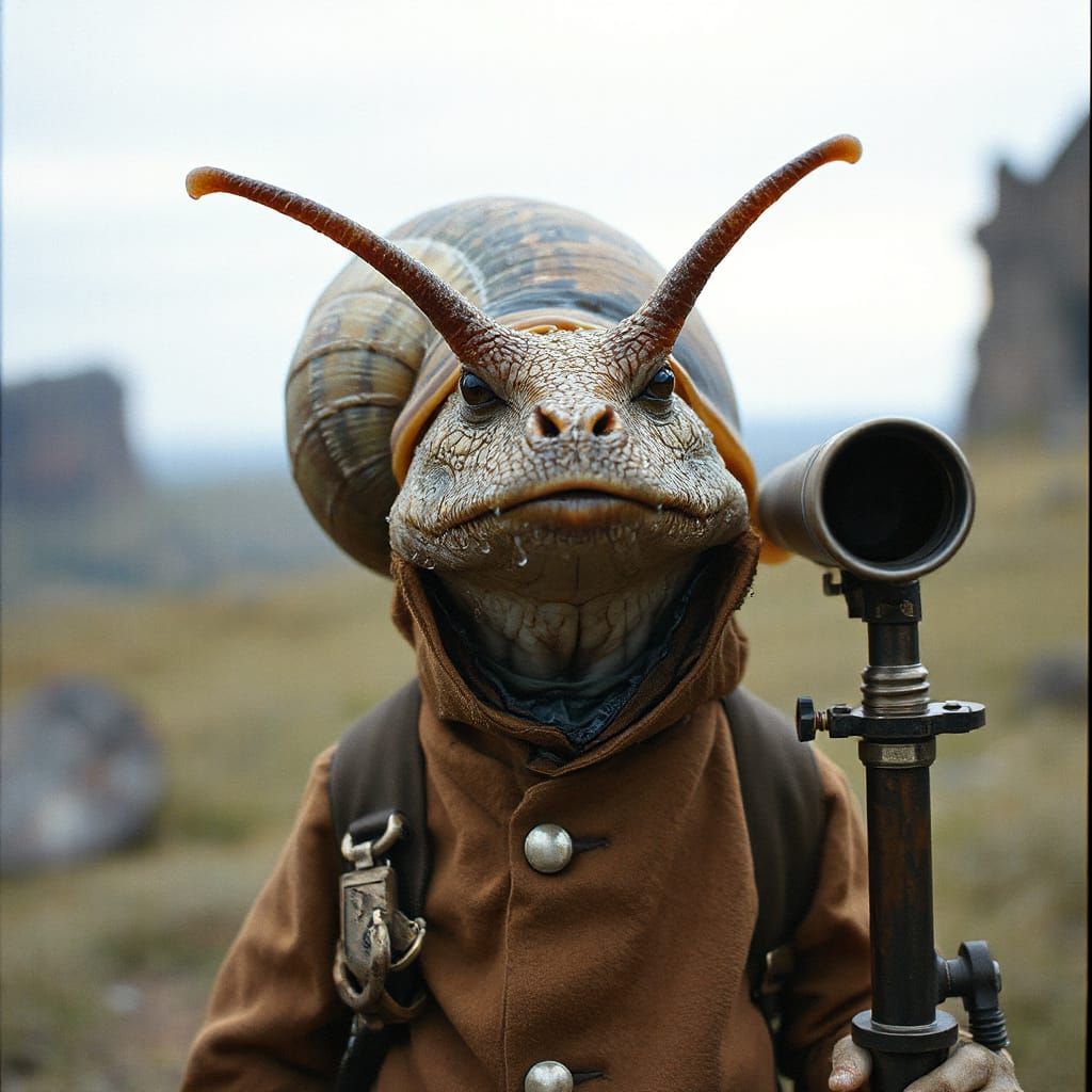 Surreal Snail-Human Hybrid Gazing Through Telescope