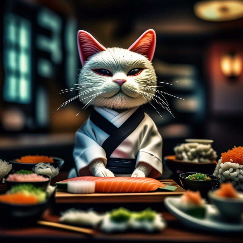 Hyperrealistic Anthropomorphic Cat Sushi Chef