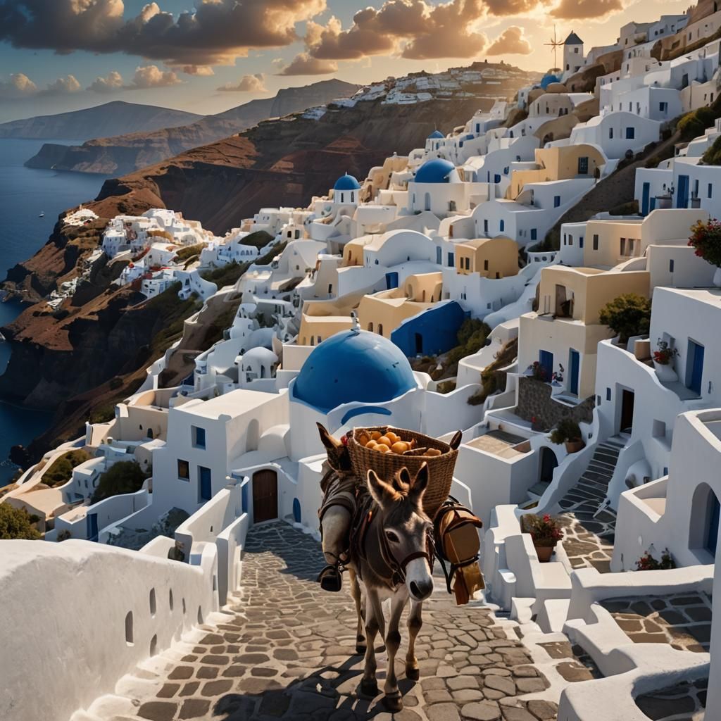 Santorini Donkey in Oia Village at Golden Hour