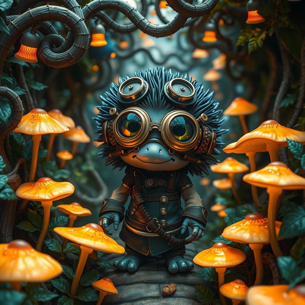 Steampunk Hedgehog in Whimsical Glowing Garden