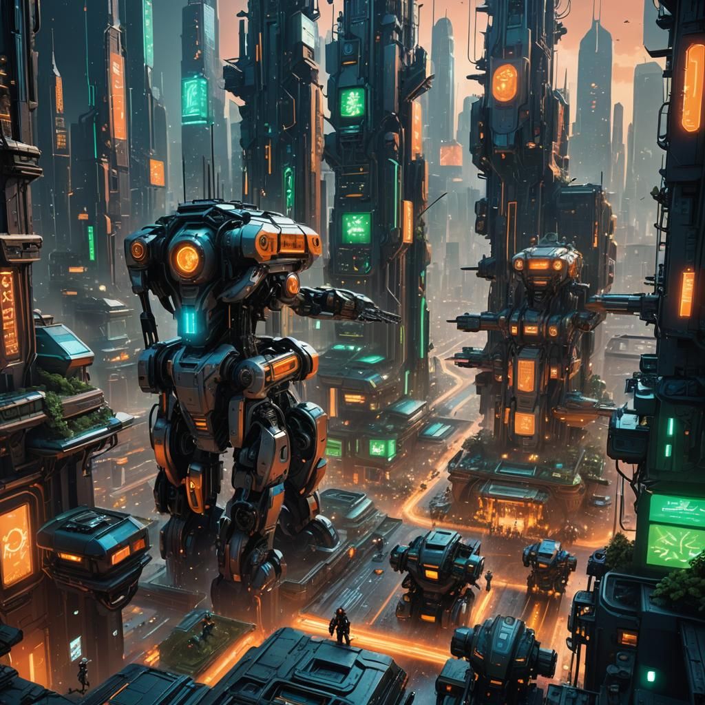 Futuristic Cityscape with Robots in Unreal Engine 5 Style