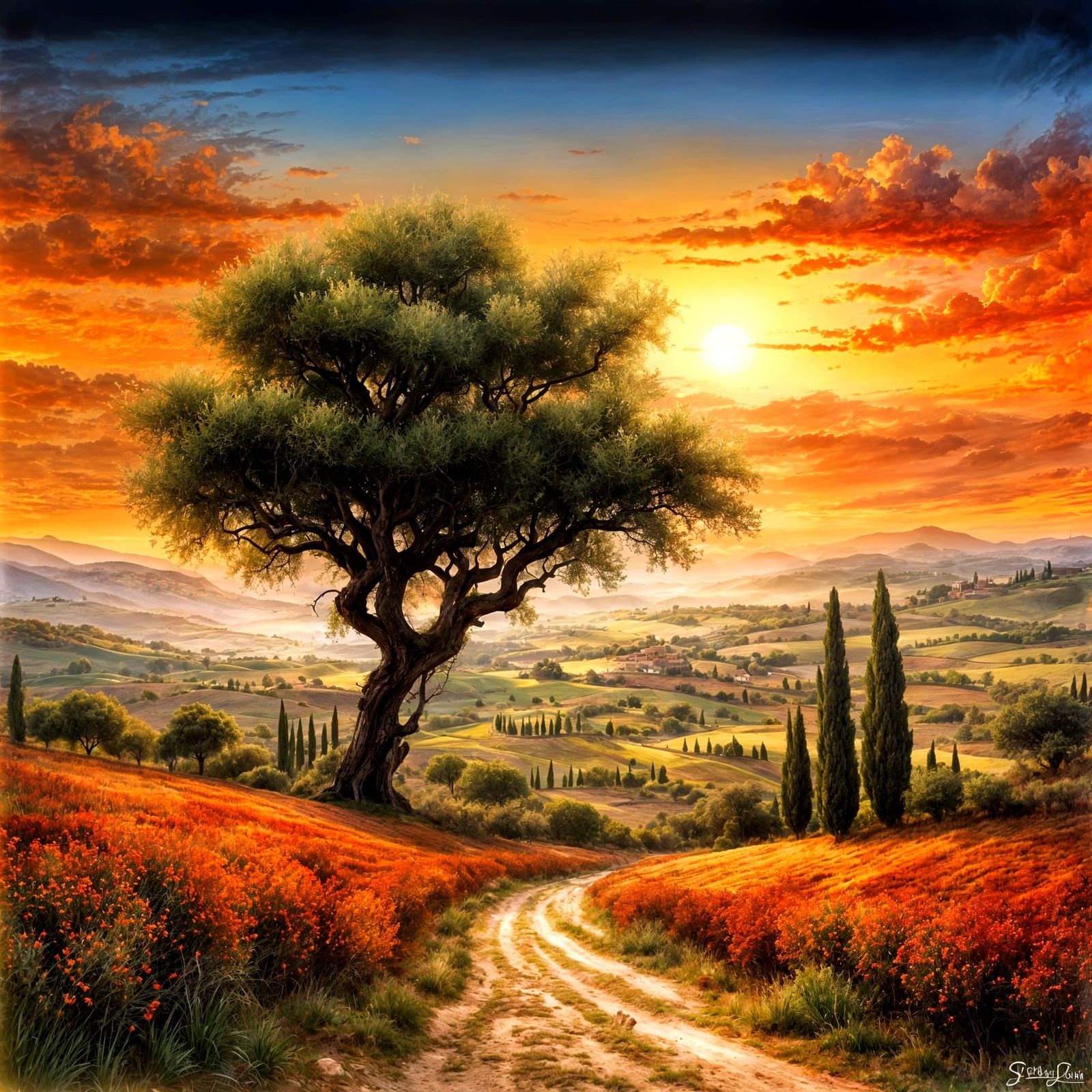 Tuscan Sunset Over Rolling Hills with Cypress Trees