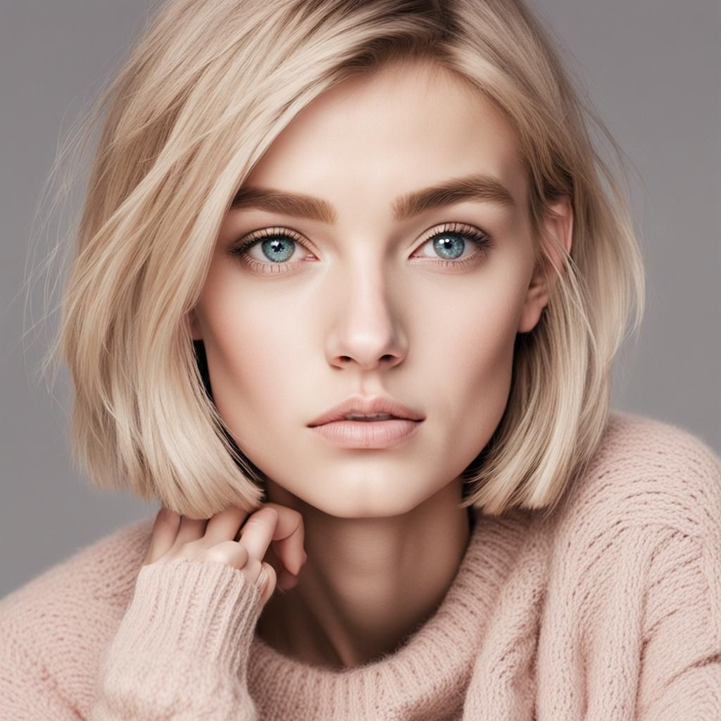 Portrait of a Slender Blonde Girl in Pink Sweater