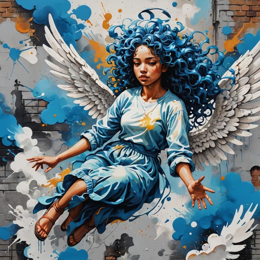 Blue-Haired Angel in Flight: Graffiti Art Style