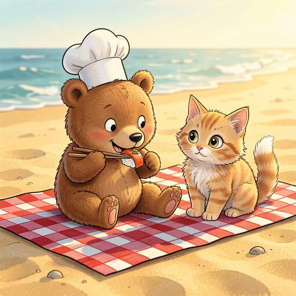 Homoji Bear and Kitten Enjoy Sushi Picnic on Beach