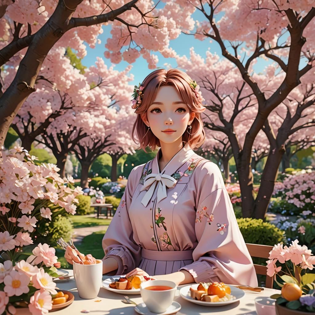 Anime Girl's Serene Flower Park Birthday Lunch