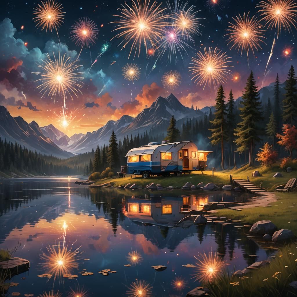Impasto Oil Painting of Lakeside Camper with Fireworks