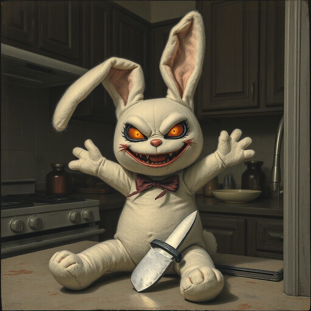 Sinister Stuffed Bunny with Knife, Nightmarish Scene