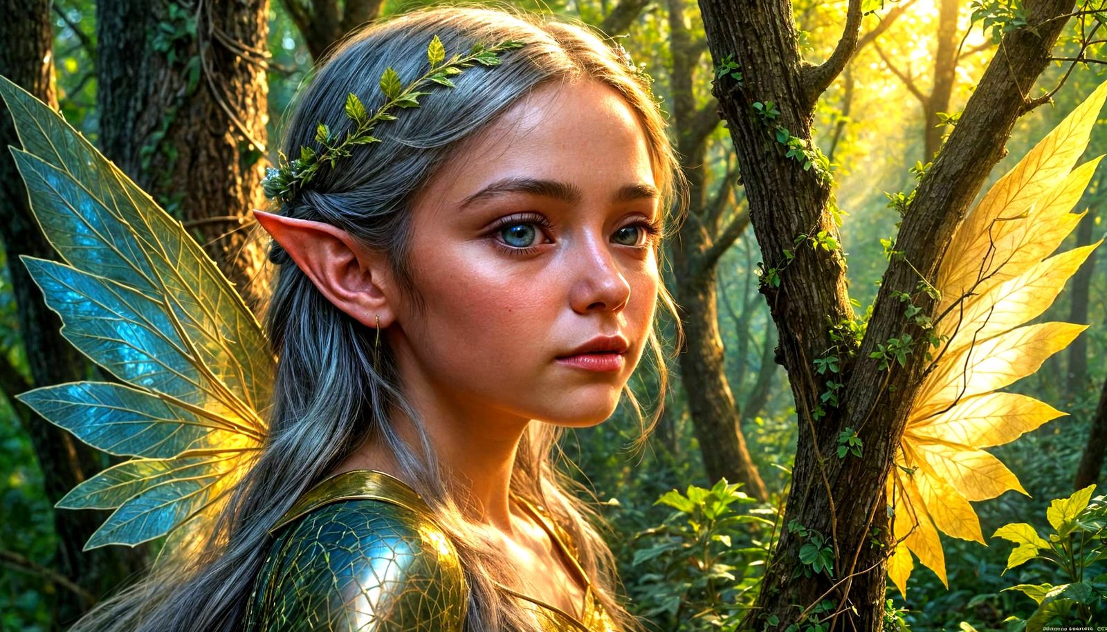 Elf Child with Fairy Wings in Magical Forest