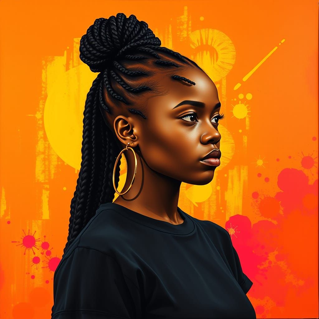 Young African Woman with Braided Hair in Vibrant Orange Back...