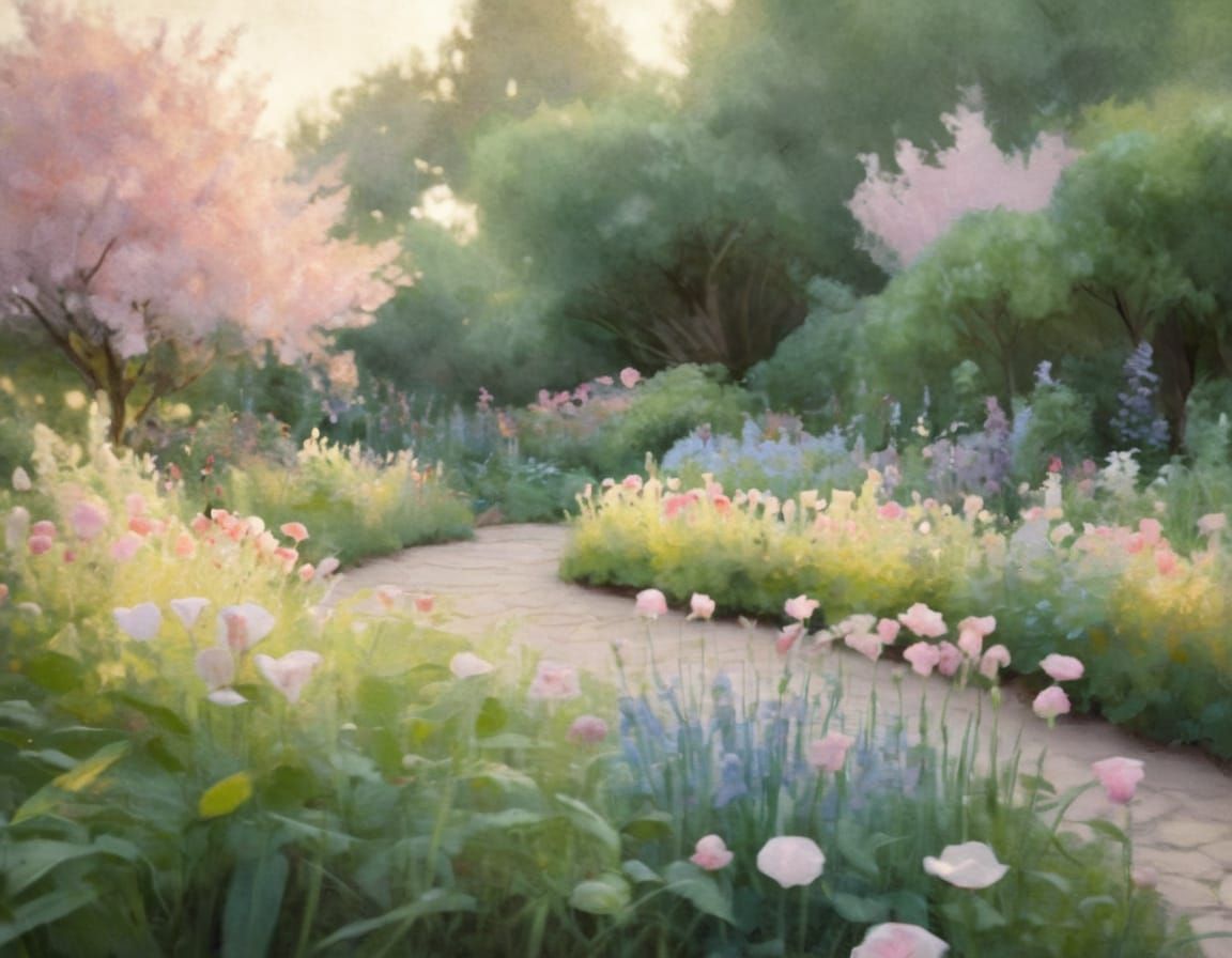 Whimsical Impressionist Garden Scene with Delicate Florals