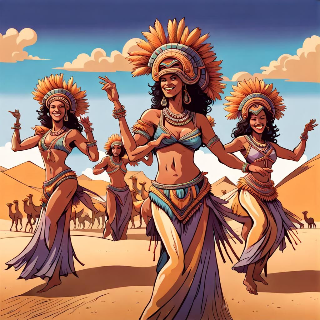 5 brazilian women dancing samba in front of many decorated camels in the desert, carnival, samba, Feather Headdress carn...