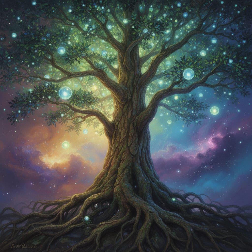 Ancient Tree in Nebula: Bioluminescent Leaves & Cosmic Roots