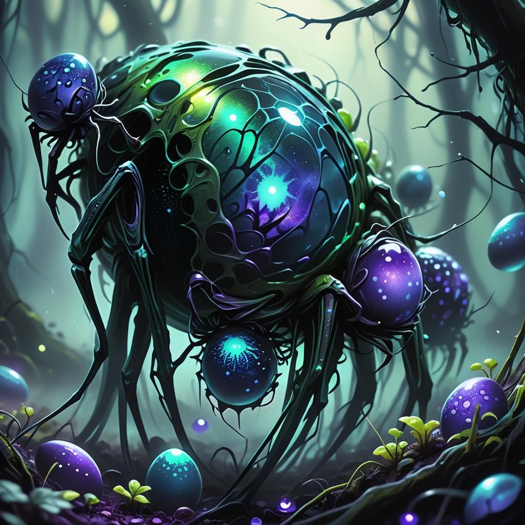 Venomous Alien Spider Eggs in Bioluminescent Forest