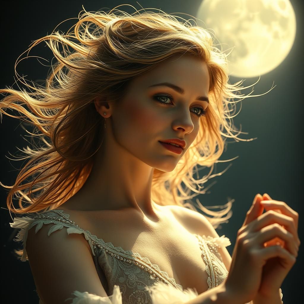 Mystical Woman Dancing in Moonlight, Art Nouveau Style