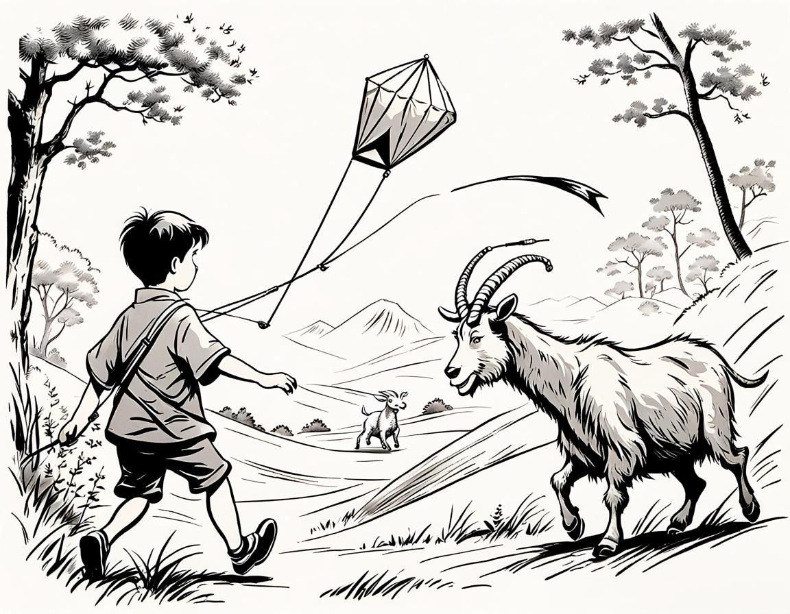 Boy and Goat with Dragon Kite, Pooh Style