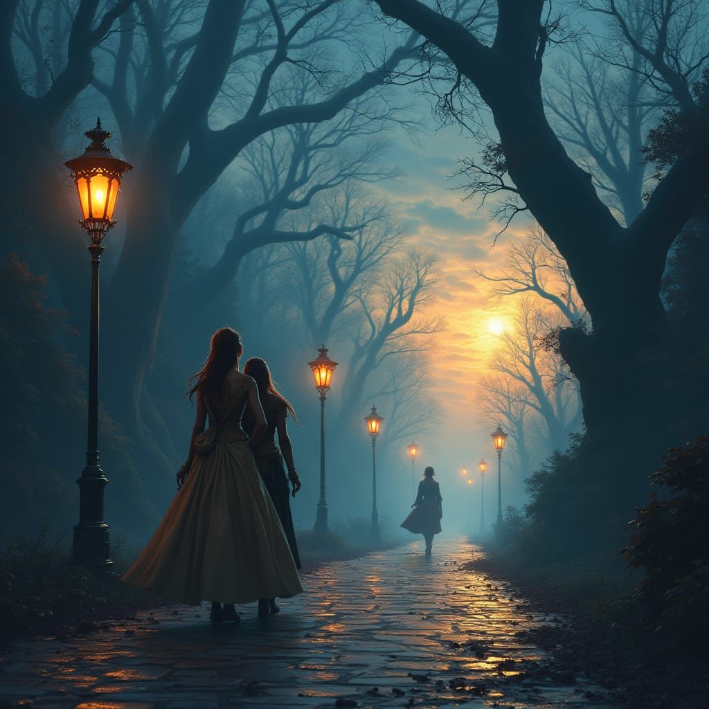 Elegant Adventurers Stroll Through a Dreamlike Fantasy Lands...