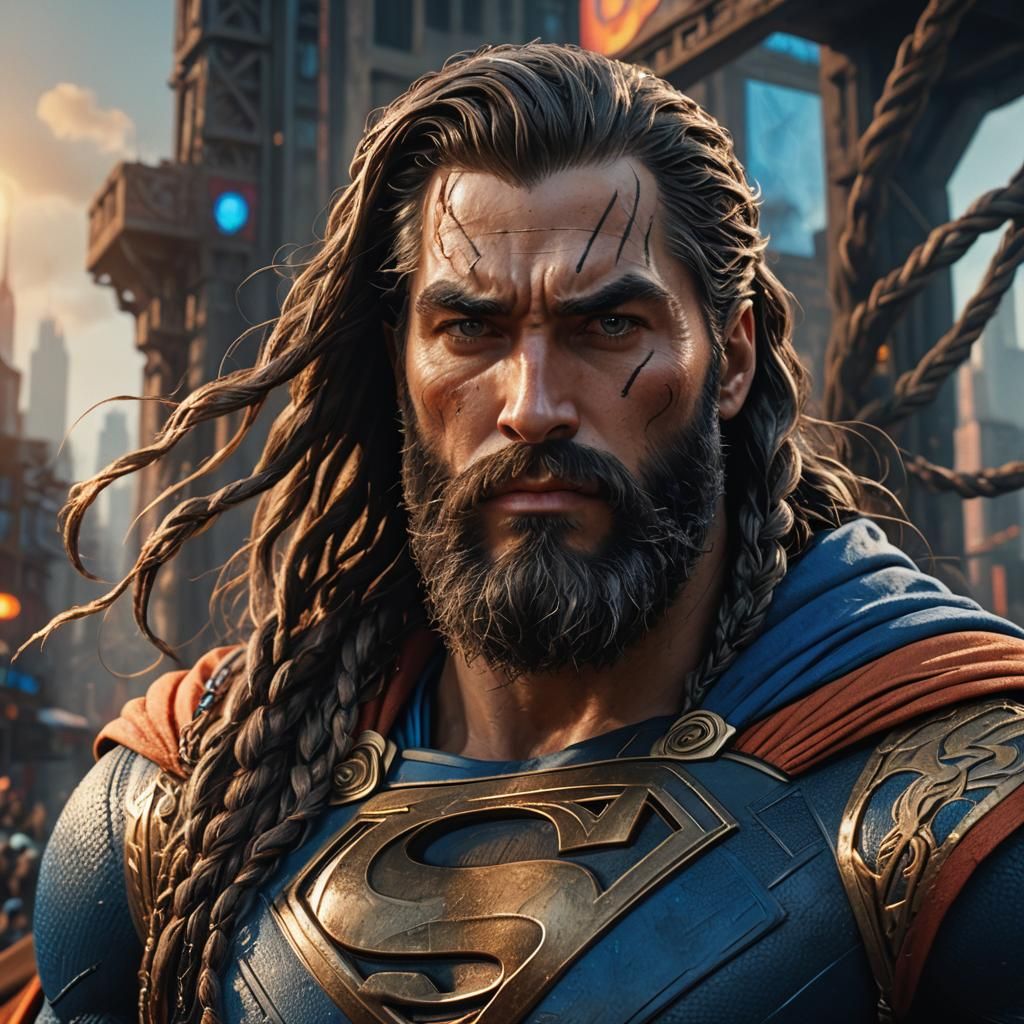 Braided Beard Superman in Cell-Shaded Comic Style