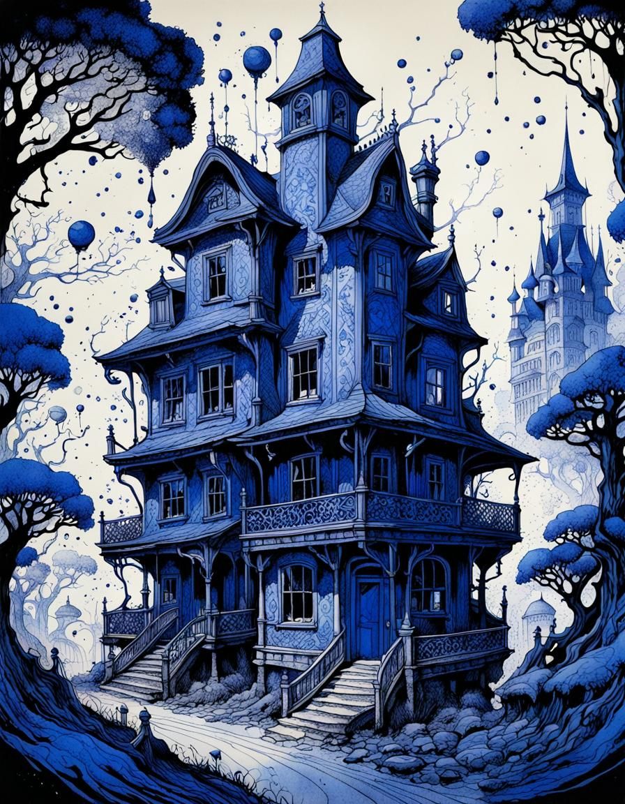 Art Nouveau Town Illustration in Blue Ink