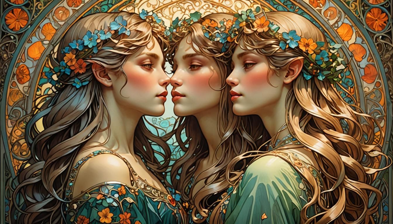 Elfin Twins Kissing in Art Nouveau Style