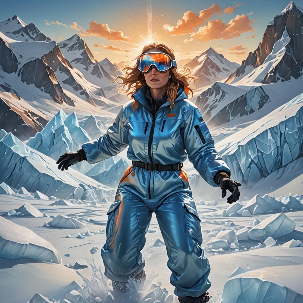 Woman in Blue Suit Chipping Ice, Art Deco Style