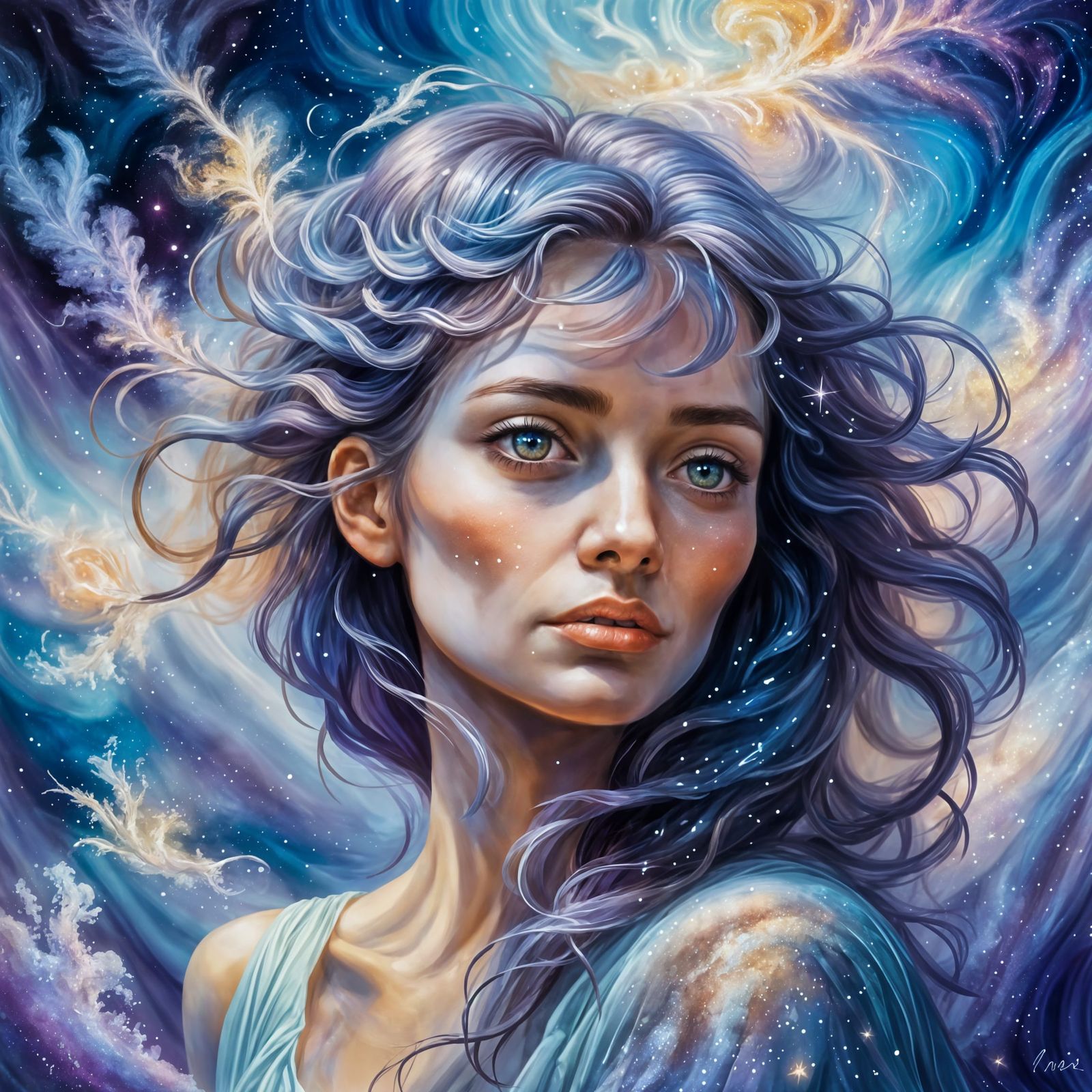 Young Woman Amidst Luminous Nebulae, Ethereal Scene