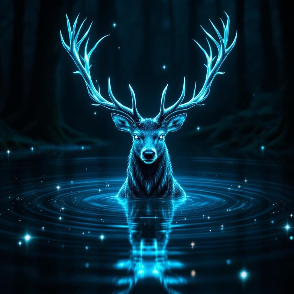 Mystical Cyan Deer in Enchanted Forest Pool